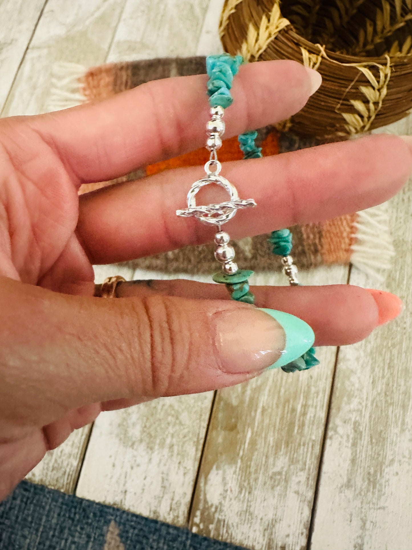 Handcrafted  Sterling Silver Pearl & Turquoise Beaded Bracelet