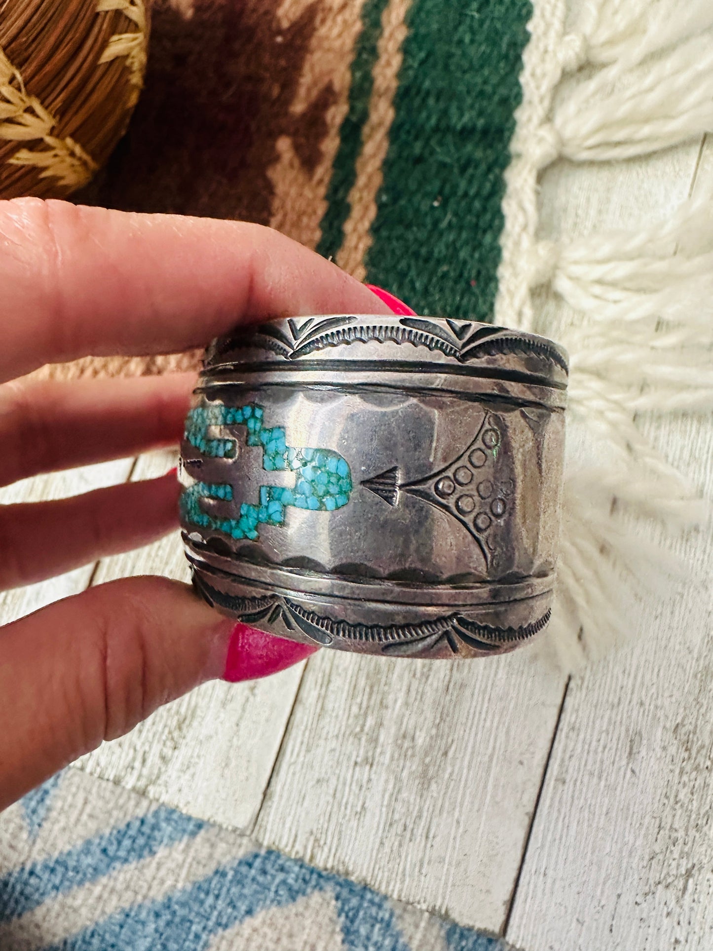 Handcrafted Old Pawn Coral, Turquoise & Sterling Silver Chip Inlay Cuff Bracelet