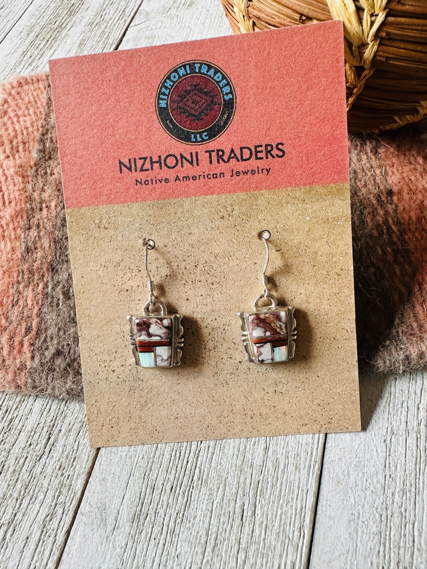 Handcrafted Sterling Silver & Multi Stone Inlay Dangle Earrings