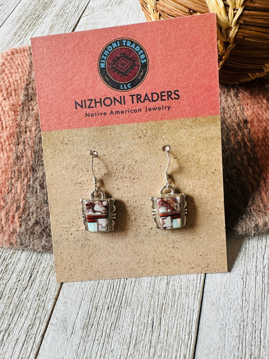 Handcrafted Sterling Silver & Multi Stone Inlay Dangle Earrings