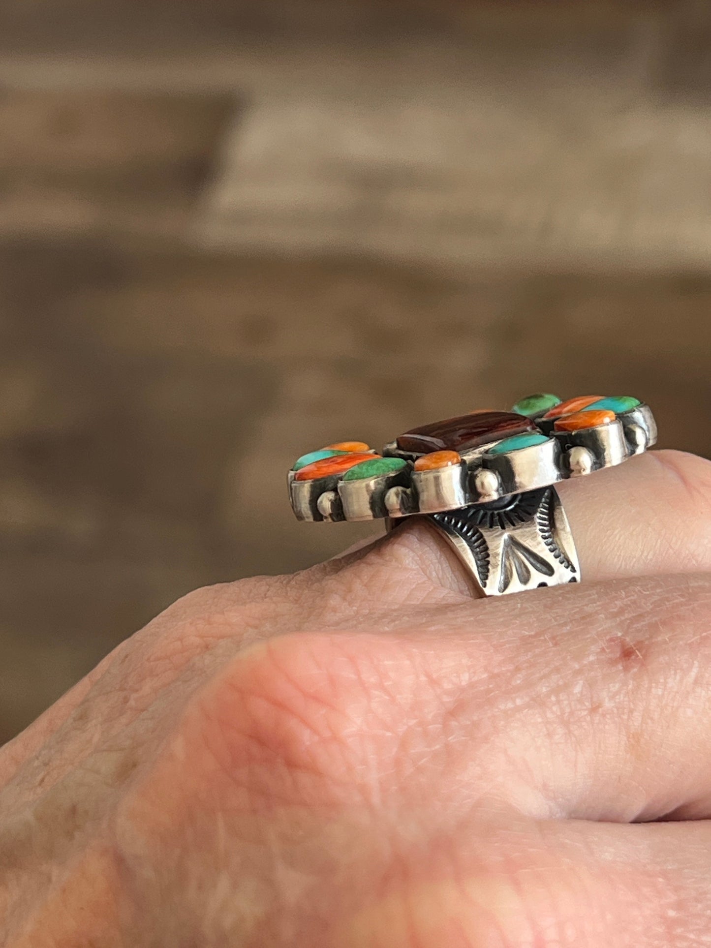 Handcrafted Electric Rainbow Turquoise and Spiny Oyster Ring by Angela Martin and Bernyse Chavez, Size 7.5-8