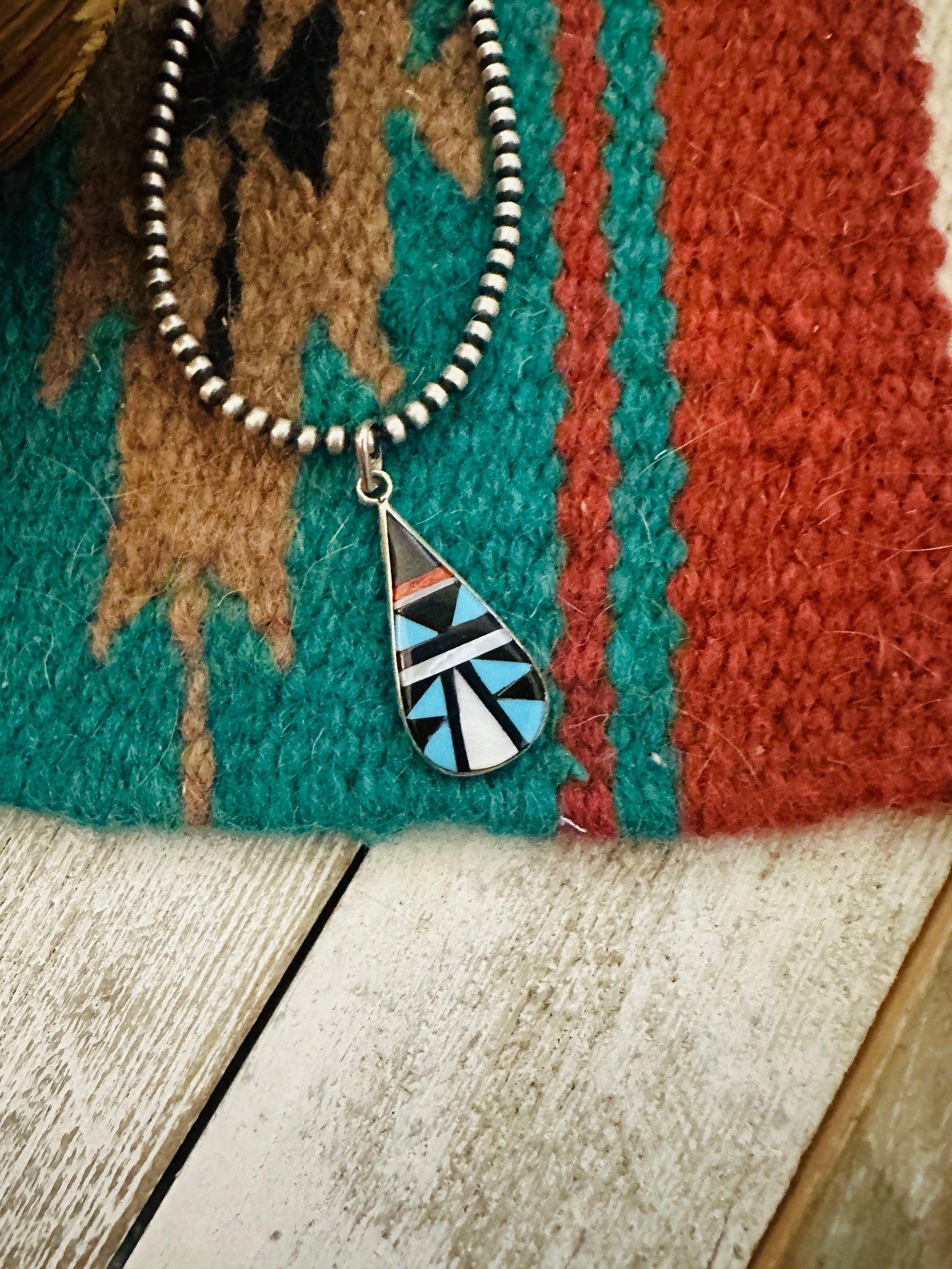 Handcrafted Multi Stone & Sterling Silver Inlay Teardrop Pendant