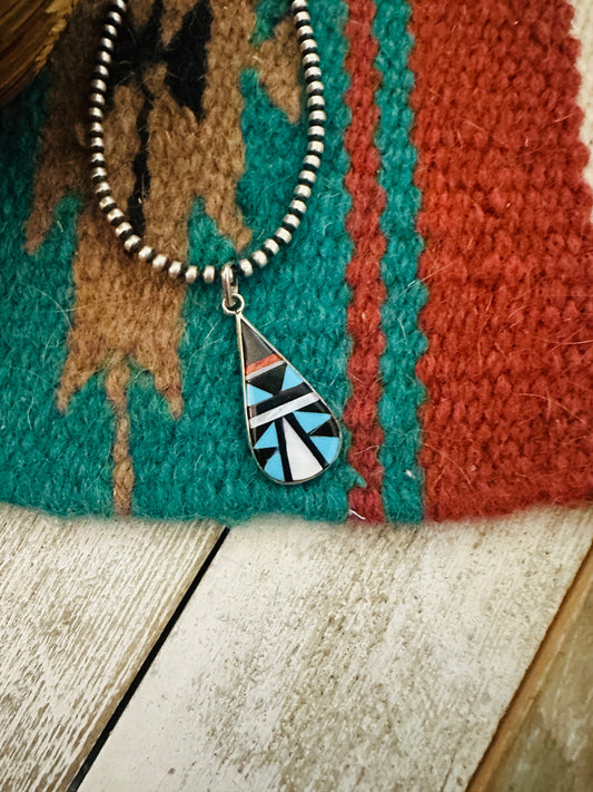 Handcrafted Multi Stone & Sterling Silver Inlay Teardrop Pendant