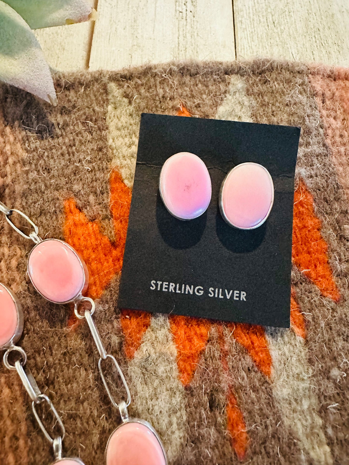 Handcrafted Turquoise, Queen Pink Conch & Sterling Silver Necklace Earrings Set