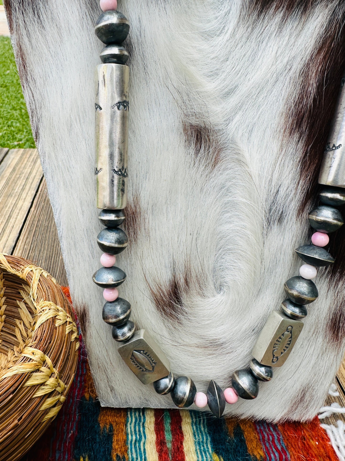 Handcrafted Queen Pink Conch & Hand Stamped Sterling Silver 36” Beaded Necklace