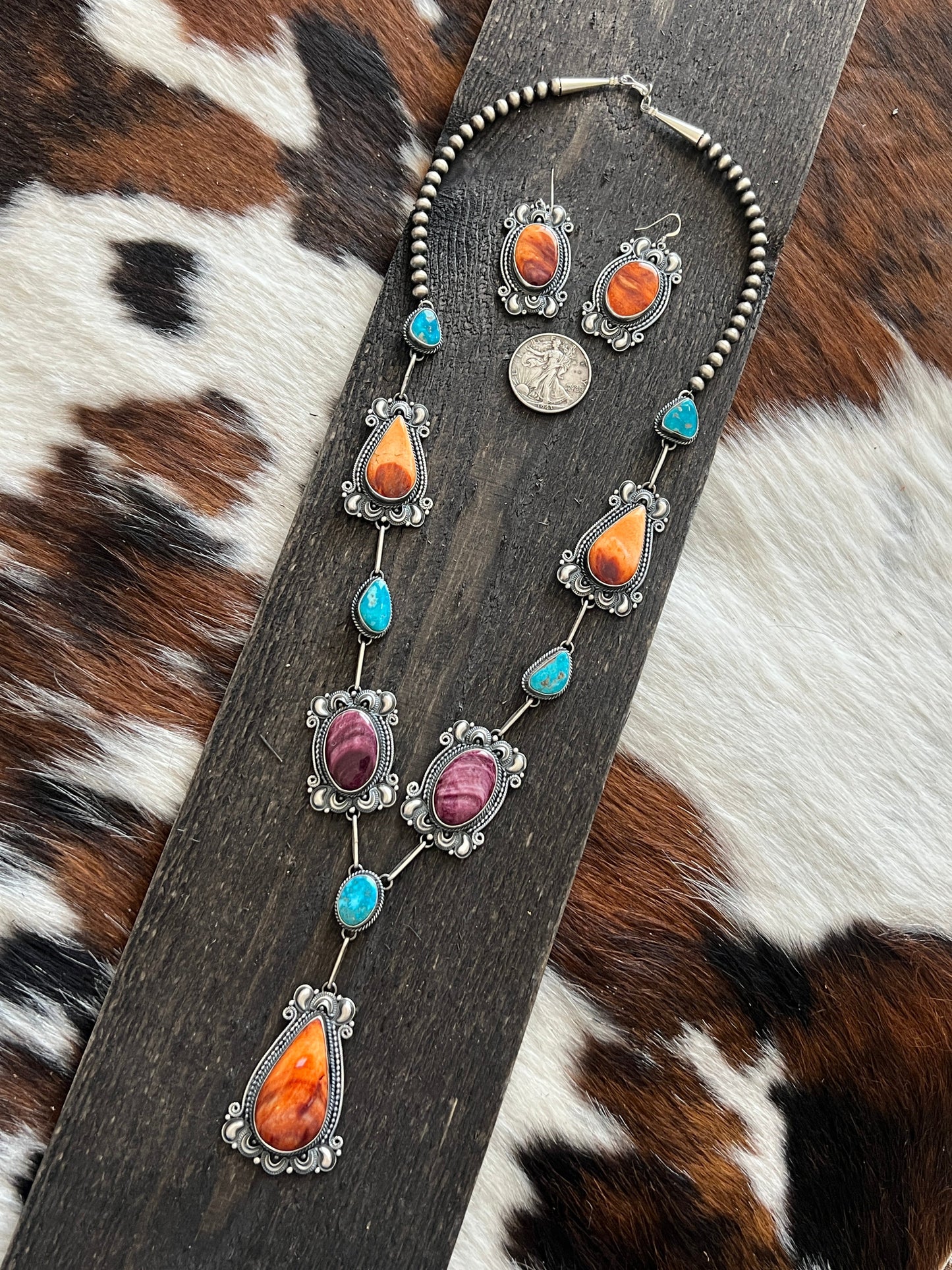 Handcrafted Sterling Silver, Spiny Oyster and Turquoise Link and Bead Electric Rainbow Necklace and Earrings Set by Derrick Gordon
