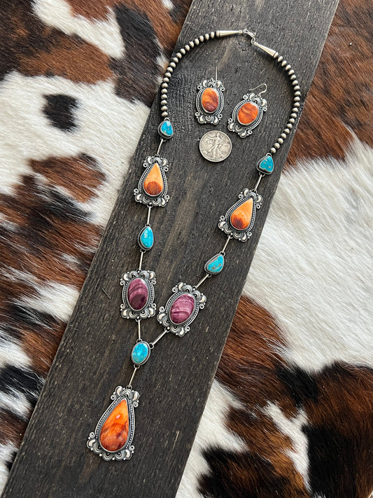 Handcrafted Sterling Silver, Spiny Oyster and Turquoise Link and Bead Electric Rainbow Necklace and Earrings Set by Derrick Gordon