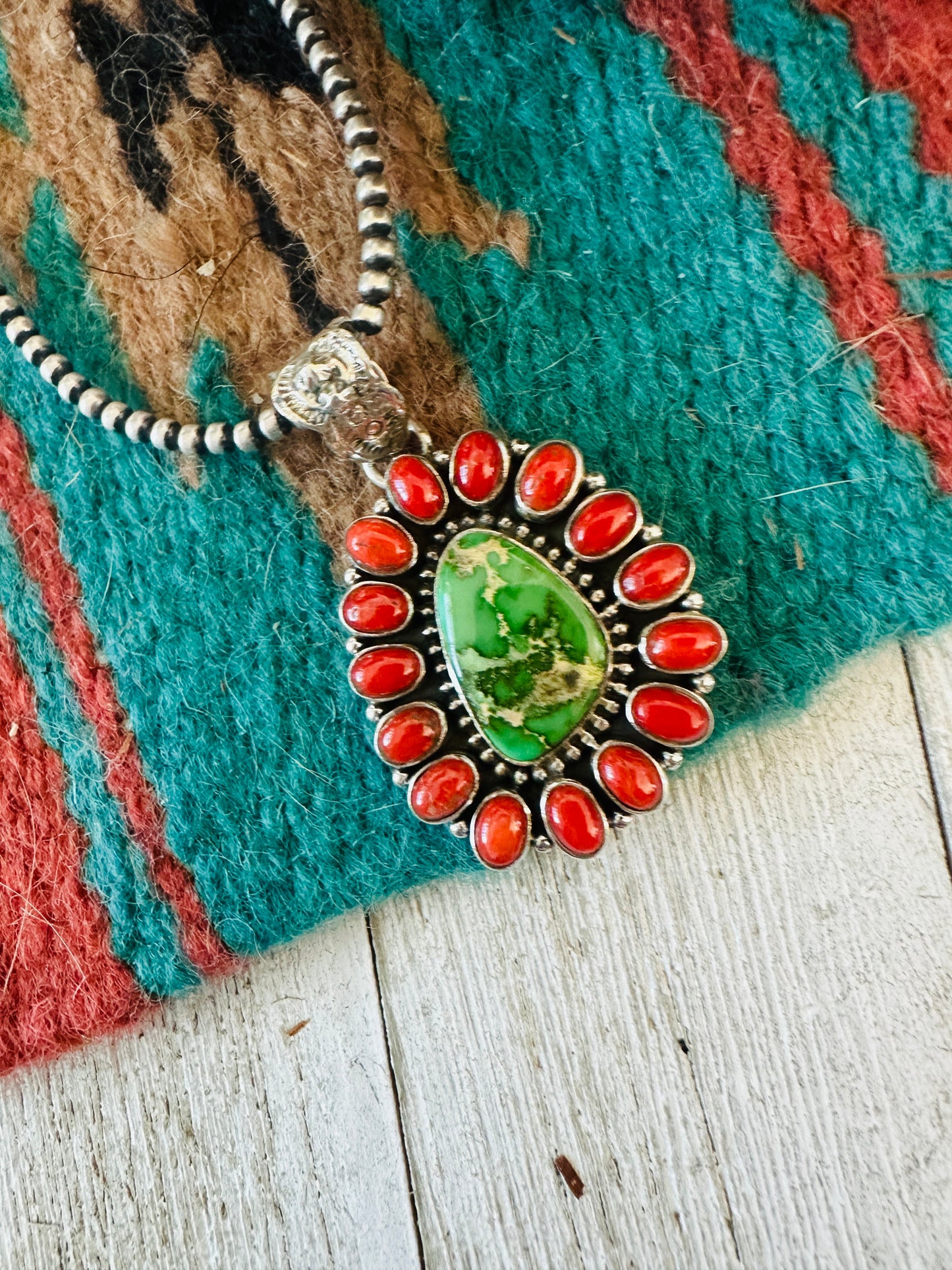 ** Christmas Collection ** Handmade Sterling Silver, Coral & Turquoise Cluster Pendant Signed Nizhoni