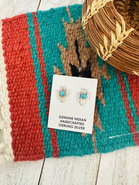 Handcrafted Sterling Silver & Turquoise Cactus Stud Earrings