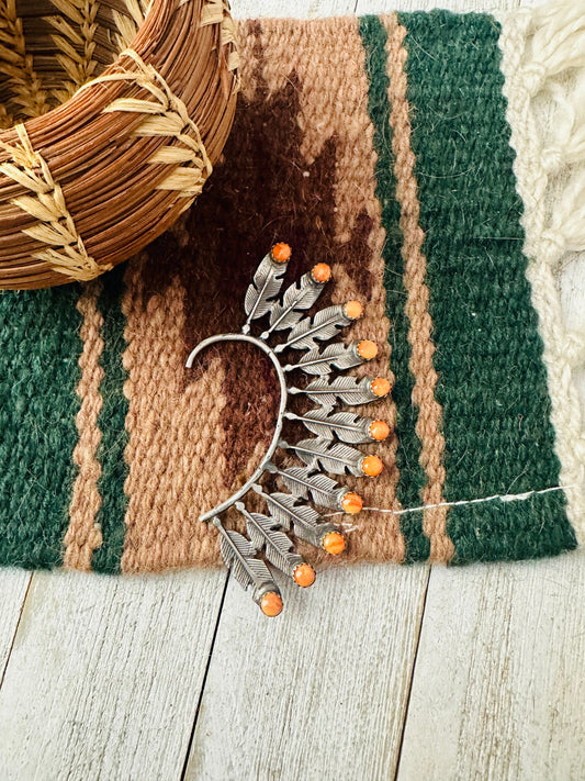 Handcrafted Orange Spiny & Sterling Silver Feather Cuff Earring (Left Side)