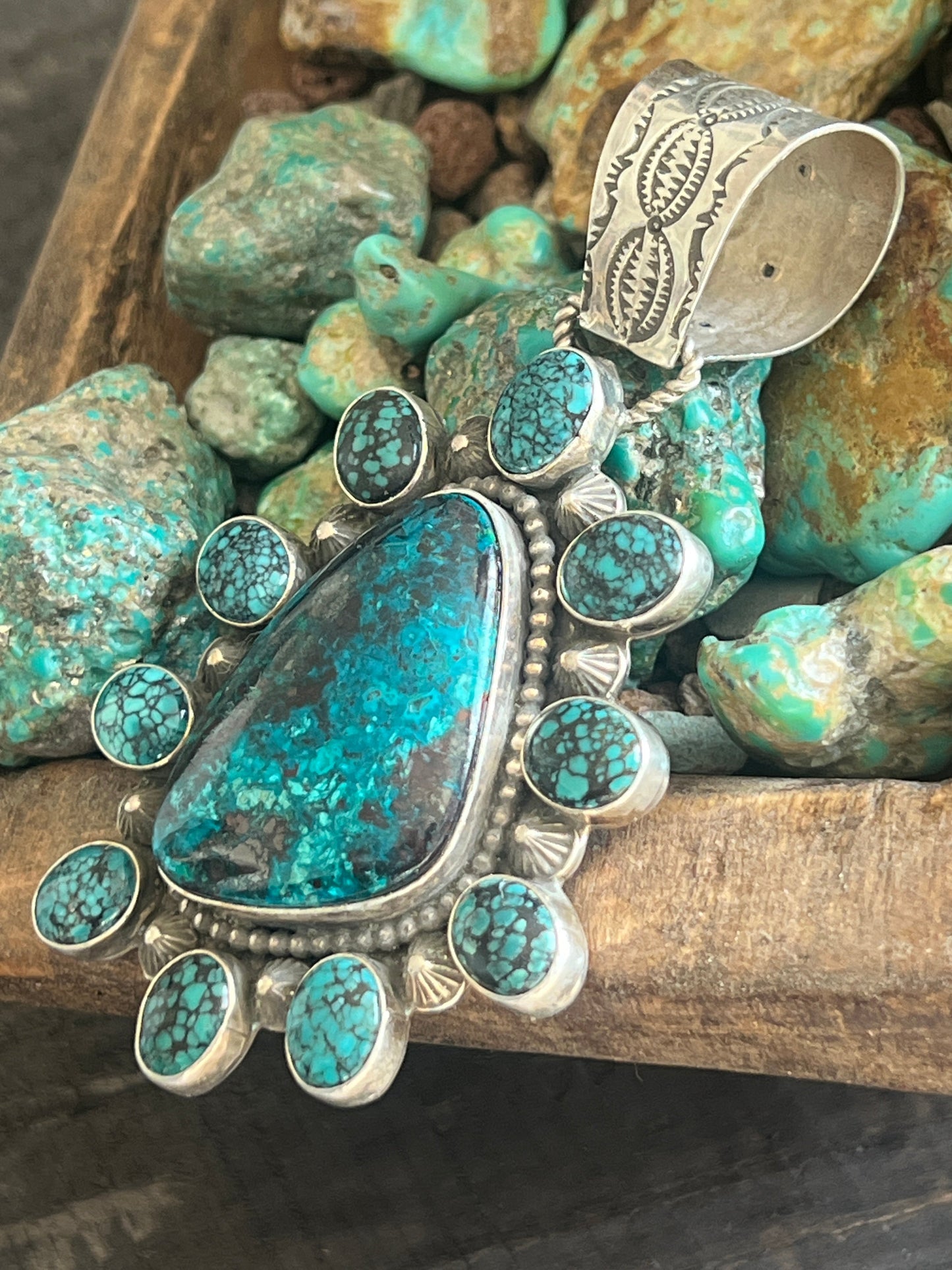 Apache Made Sterling Silver, Hubei Turquoise & Chrysocolla Azurite Cluster Pendant by Rosella Paxson