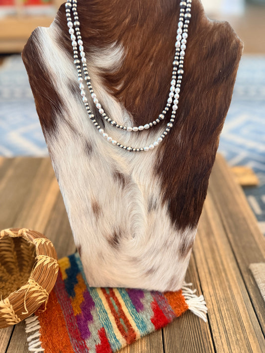Handcrafted Mother of Pearl and Sterling Silver Pearl Beaded Necklace