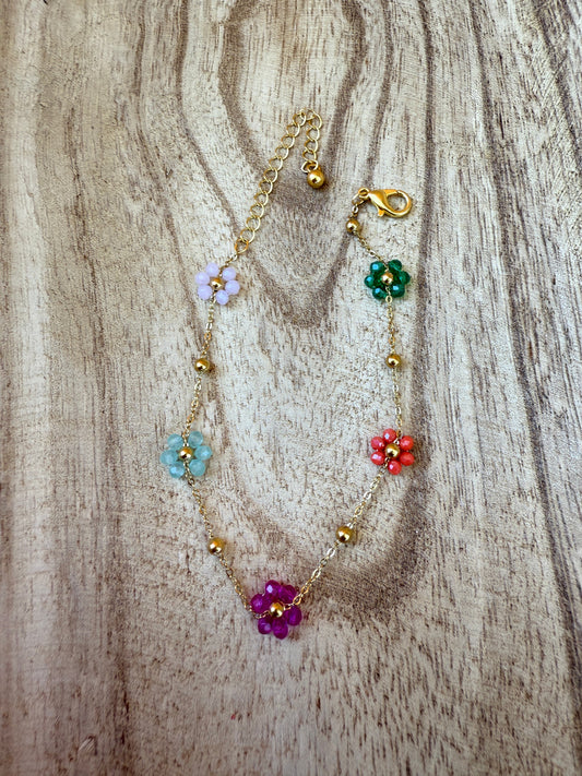 “The Golden Collection” Handmade Multi Color Beaded Plated Flower Bracelet