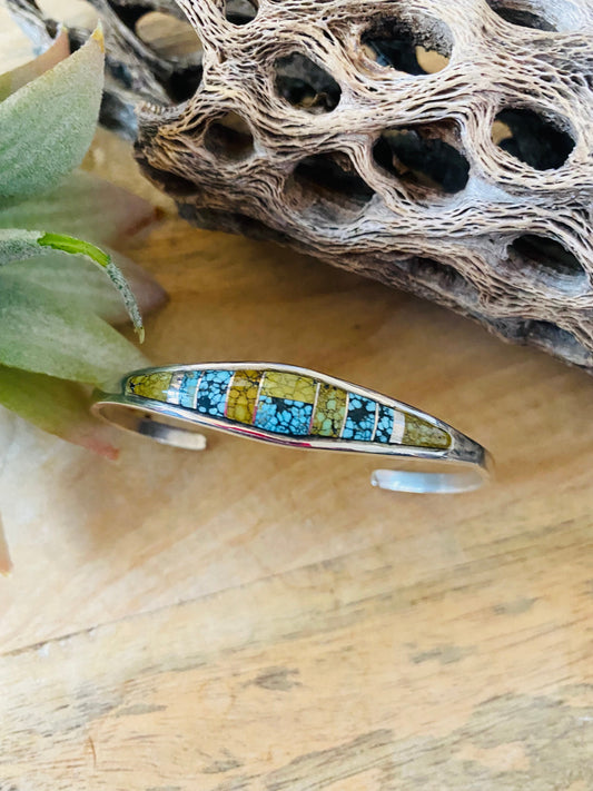 Handcrafted Sterling Silver & Natural Blue Moon Turquoise Inlay Cuff Bracelet