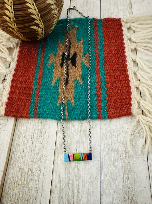 Handcrafted Multi Stone & Sterling Silver Inlay Bar Necklace