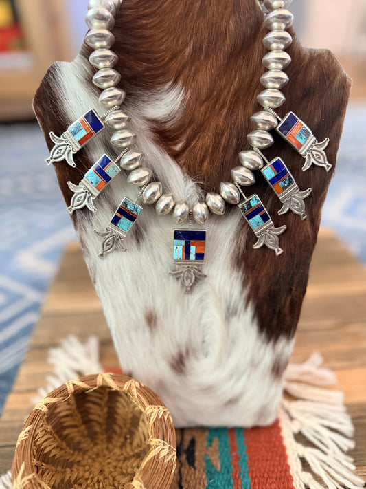Handcrafted Sterling Silver & Multi Stone Inlay Beaded Necklace by Ray Tracey
