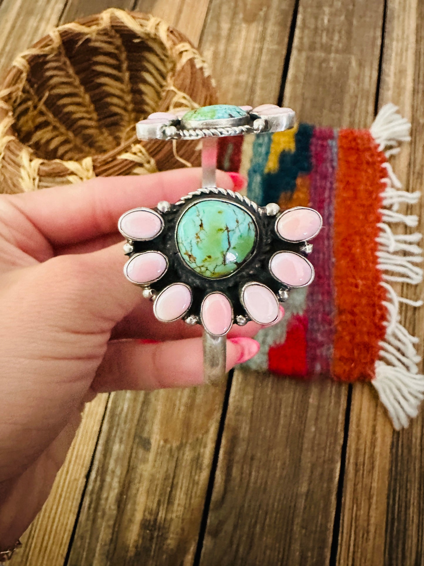 Handcrafted Queen Pink Conch, Turquoise & Sterling Silver Floating Cuff Bracelet by Geraldine James