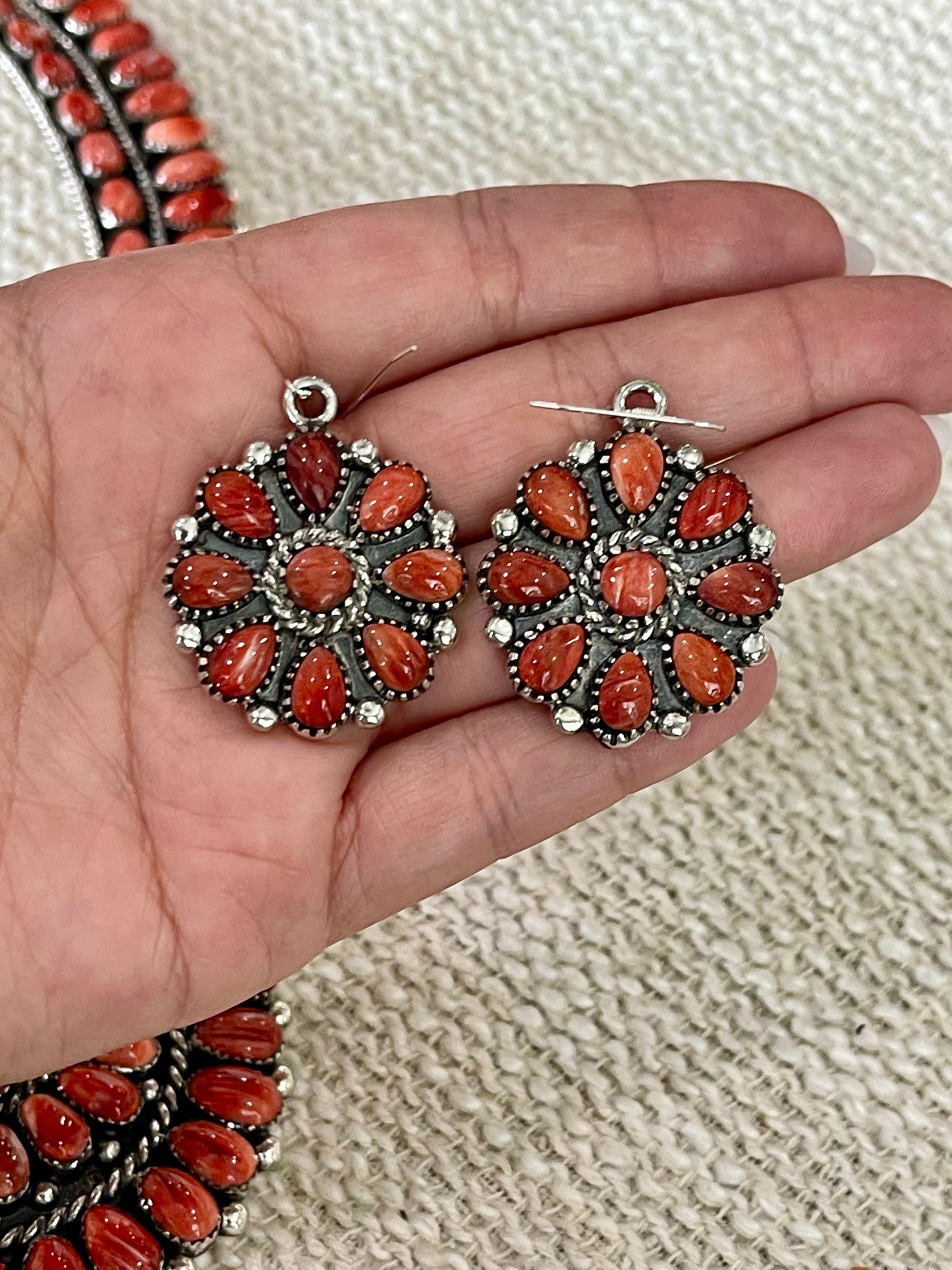 Beautiful Handmade Sterling Silver & Red Spiny Cluster Necklace And Earring Set