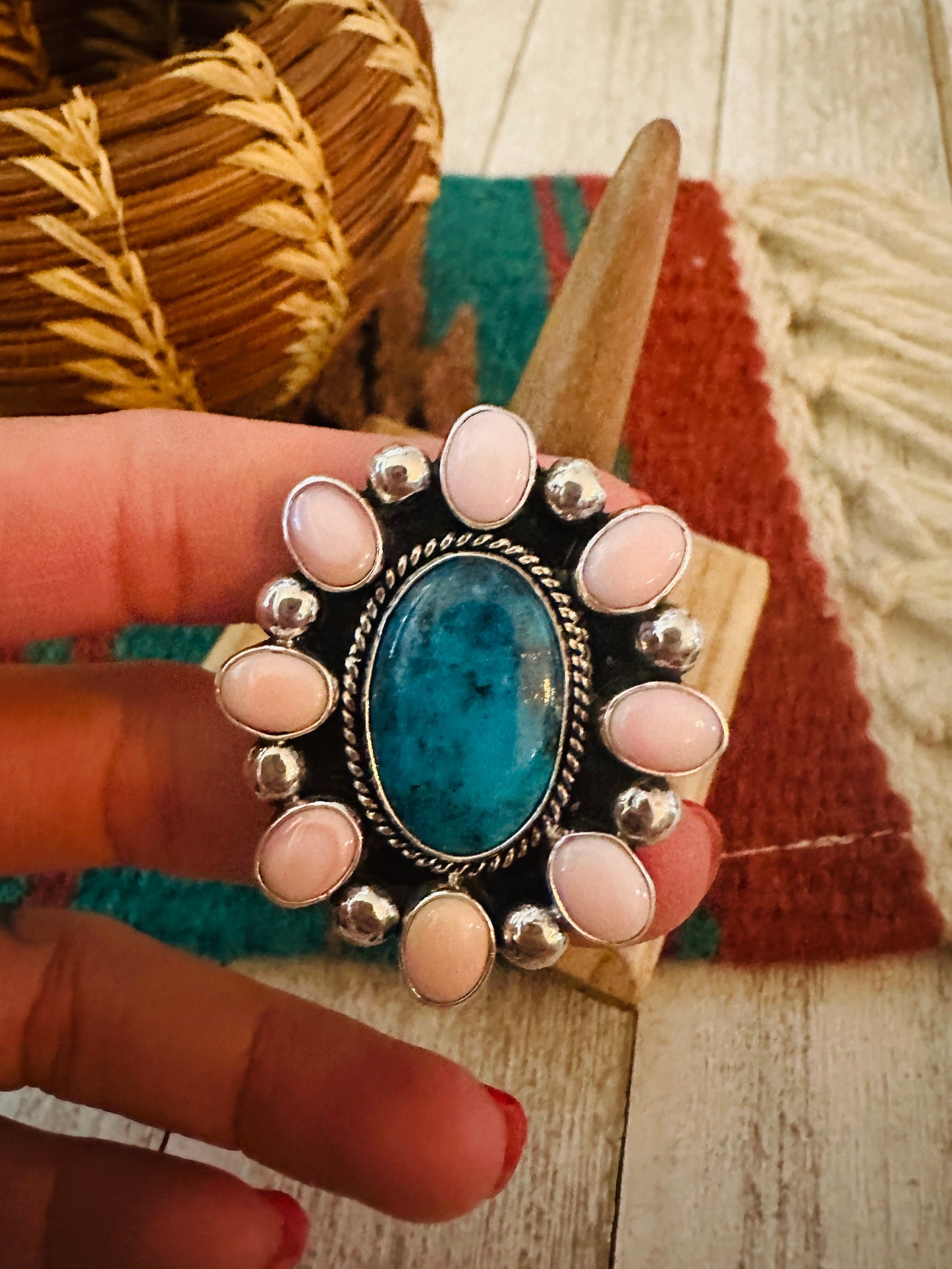 Handcrafted Sterling Silver, Queen Pink Conch & Turquoise Cluster Adjustable Ring