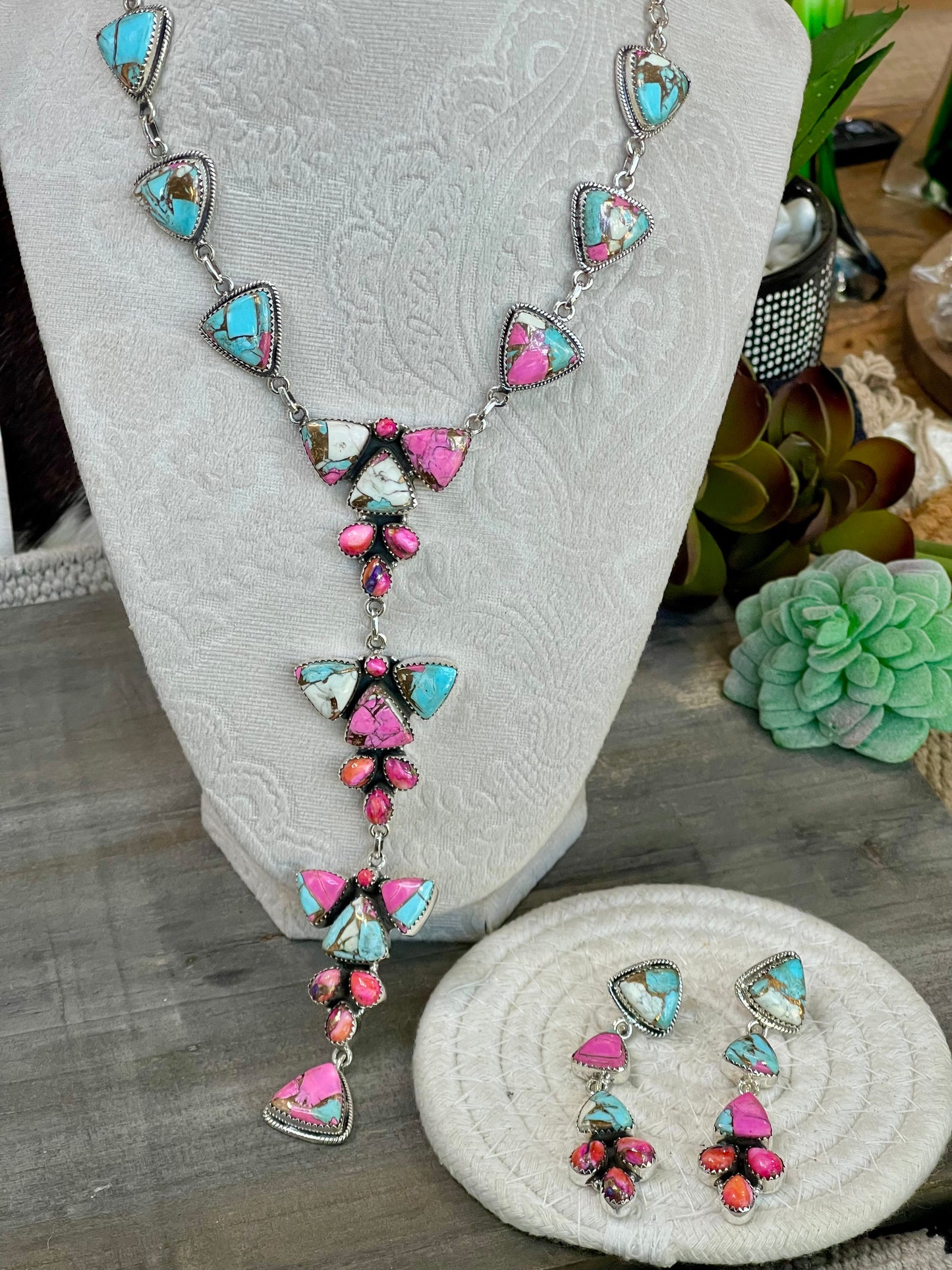 Handmade Cotton Candy , Pink Dream Mojave & Sterling Silver Lariat Necklace Set