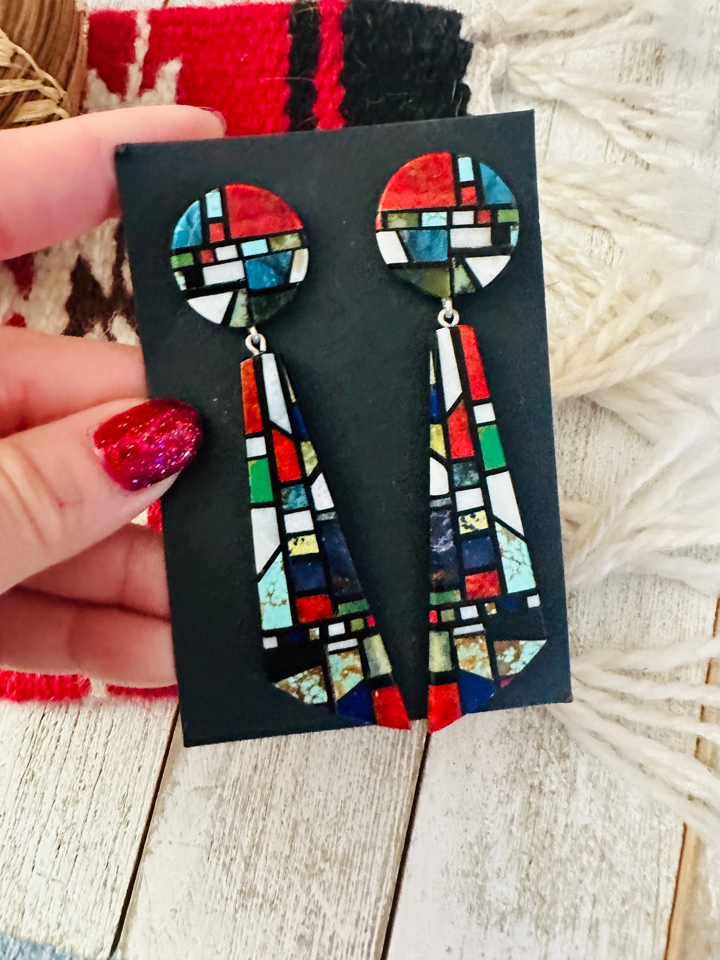 Handcrafted Multi Stone Inlay Dangle Earrings