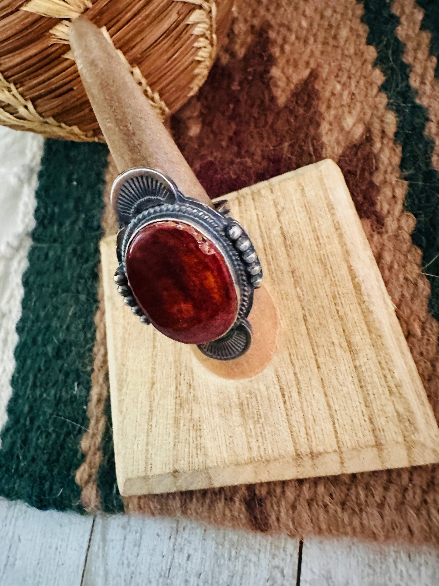 Handcrafted Orange Spiny & Sterling Silver Ring Size 7