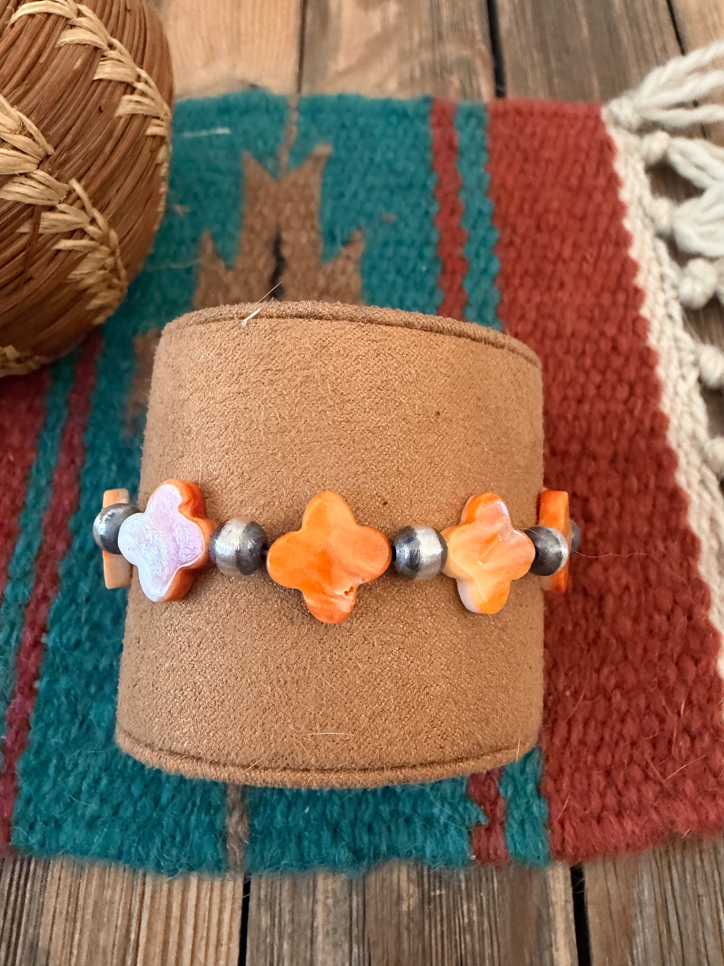 Handcrafted Spiny Oyster & Sterling Silver Pearl Cross Beaded Stretch Bracelet