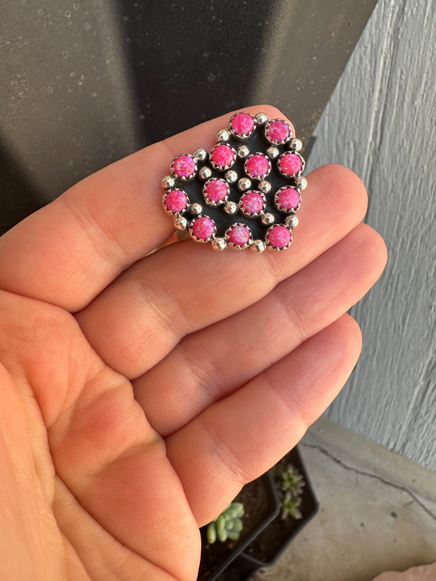 Beautiful Handmade Hot Pink Fire Opal And Sterling Silver Adjustable Cluster Heart Ring