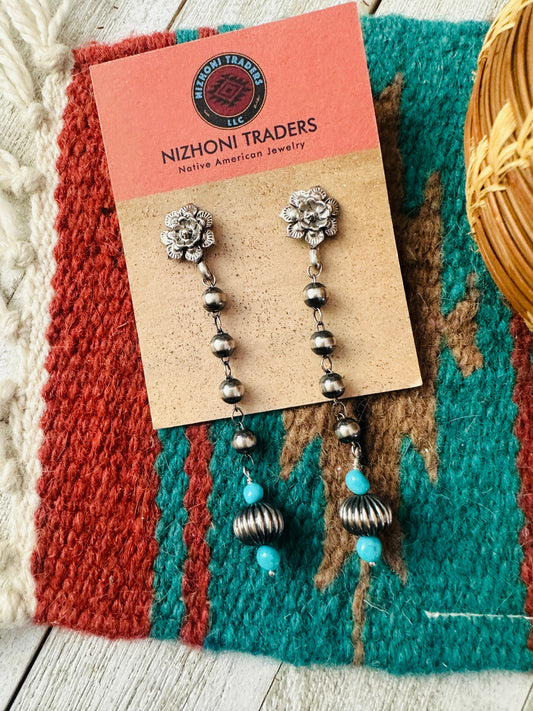 Handcrafted Turquoise & Sterling Silver Pearl Beaded Flower Dangle Earrings