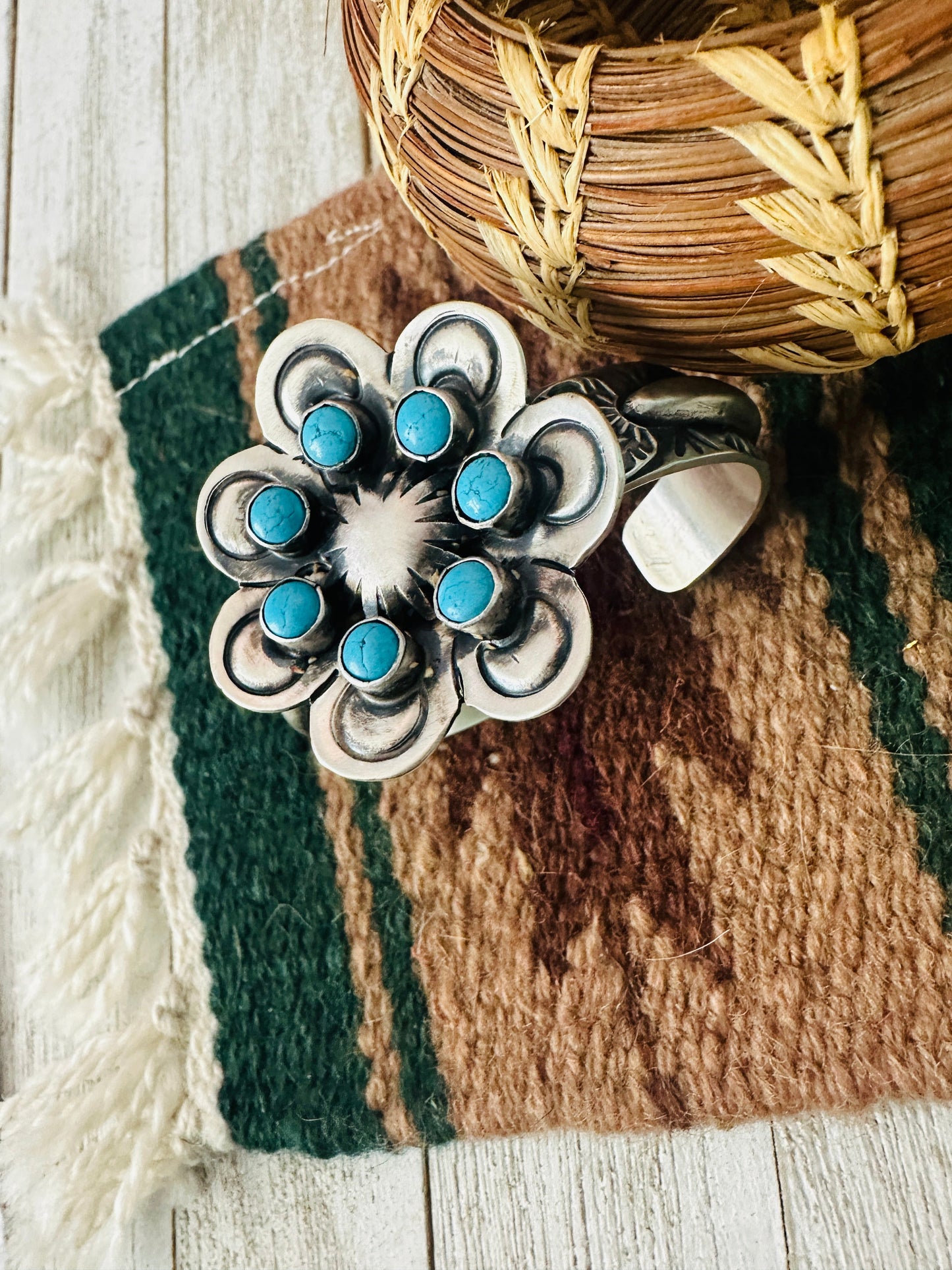 Sterling Silver & Turquoise Flower Cluster Cuff Bracelet /