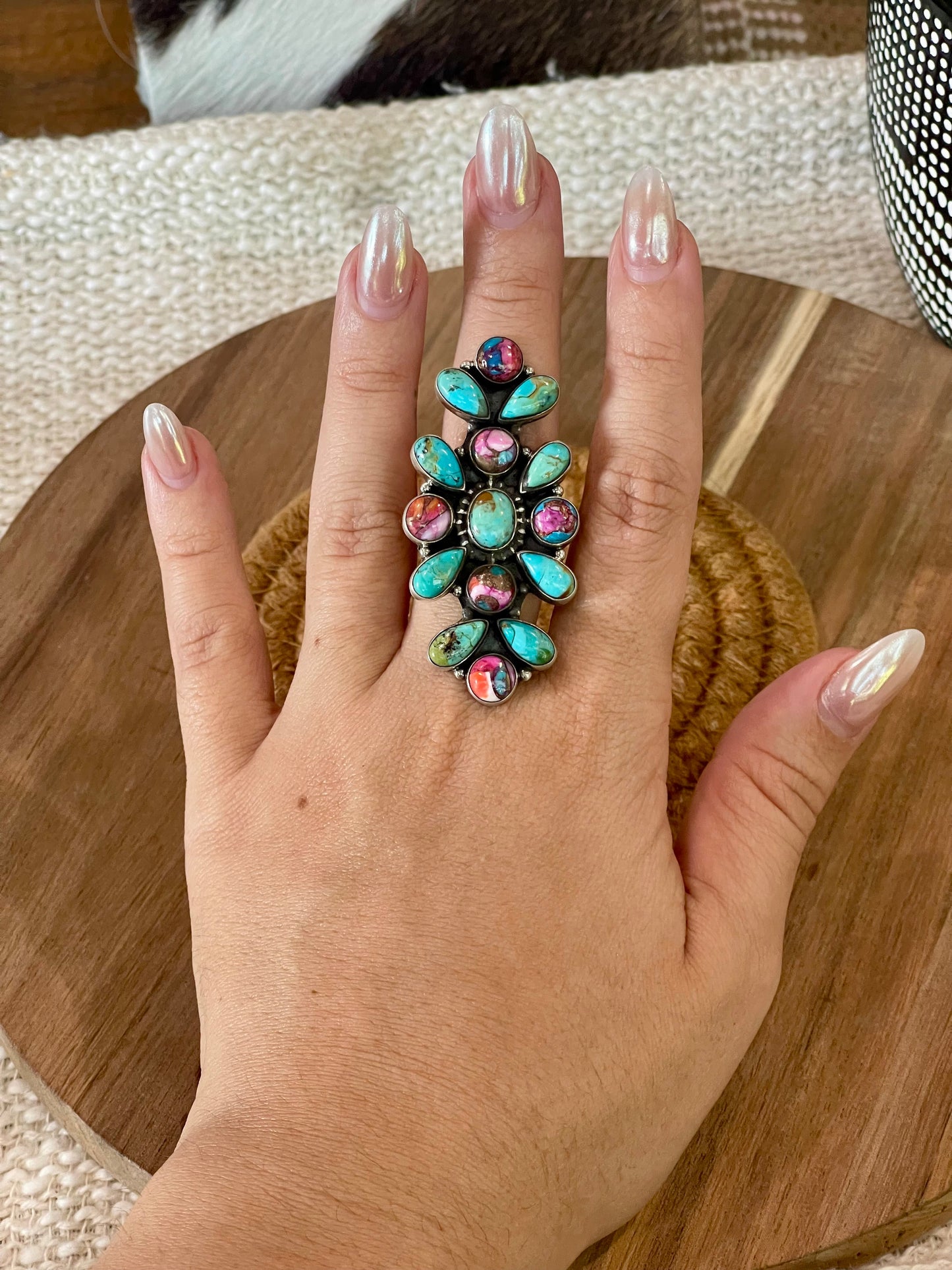 Handcrafted Sterling Silver & Multi Stone Adjustable Cluster Ring