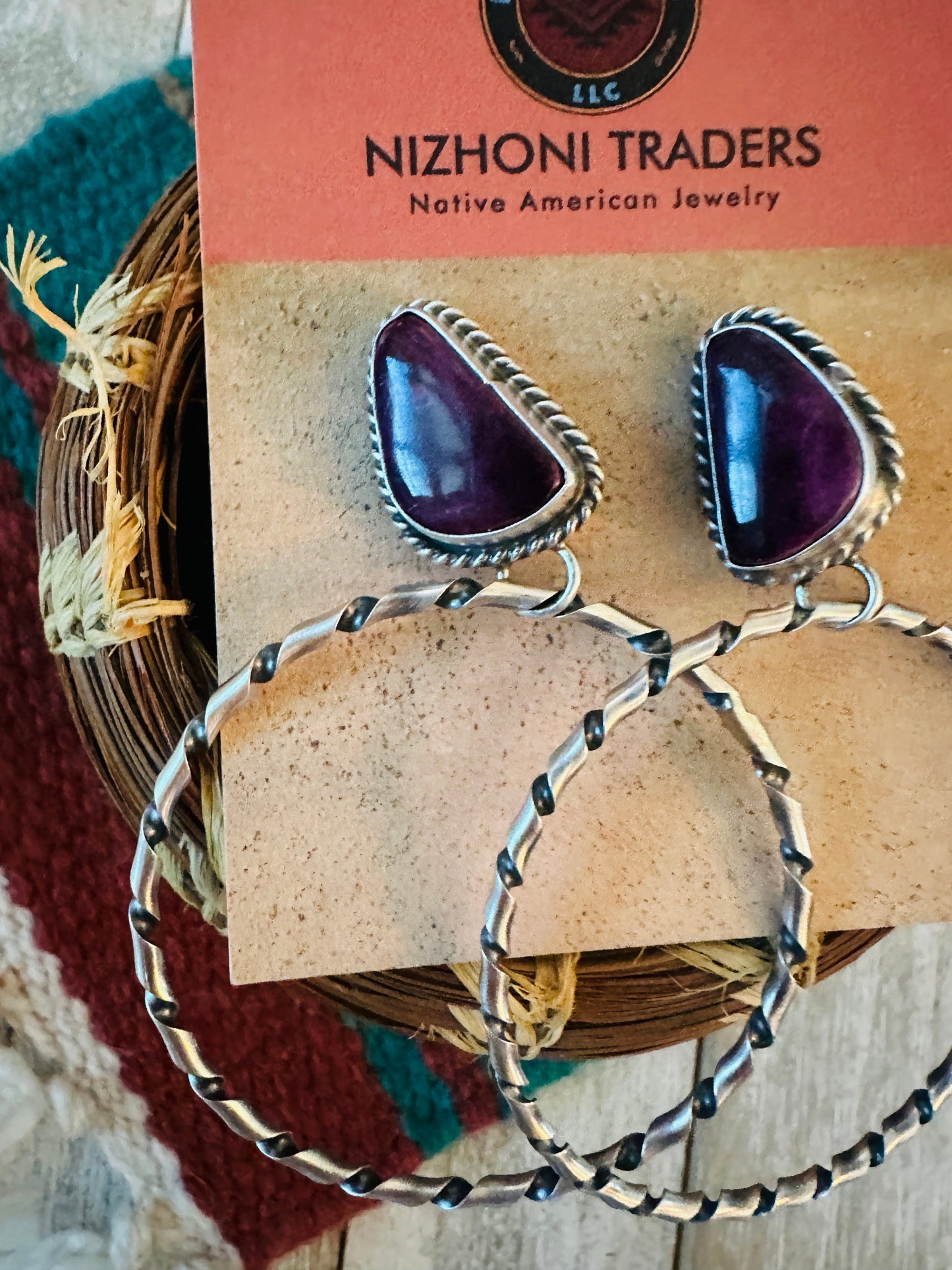 Handcrafted Purple Spiny and Sterling Silver Dangle Hoop Earrings