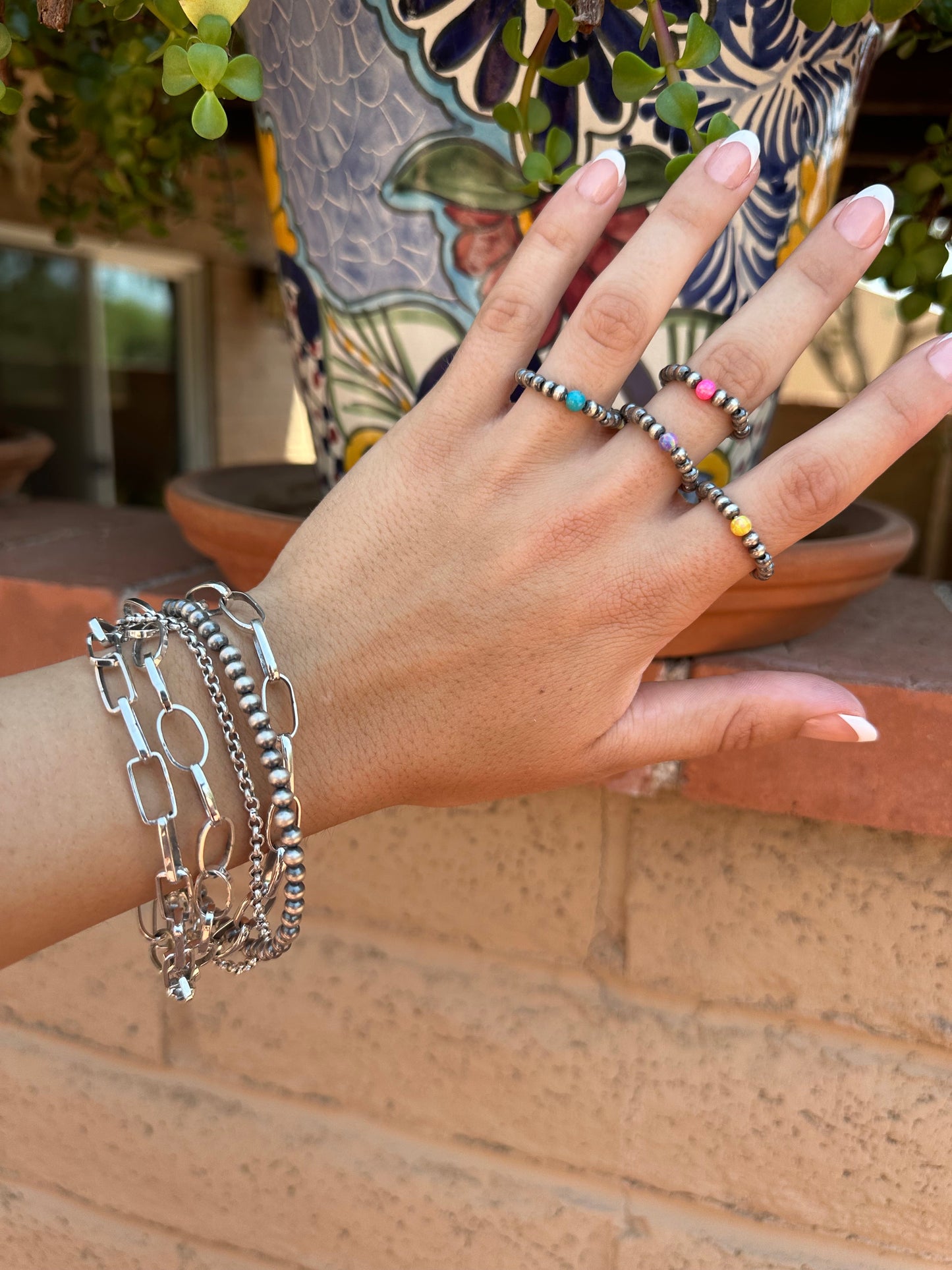 THE VENICE BAND Handmade Sterling Silver  Pearl Style Beaded Stretch Ring
