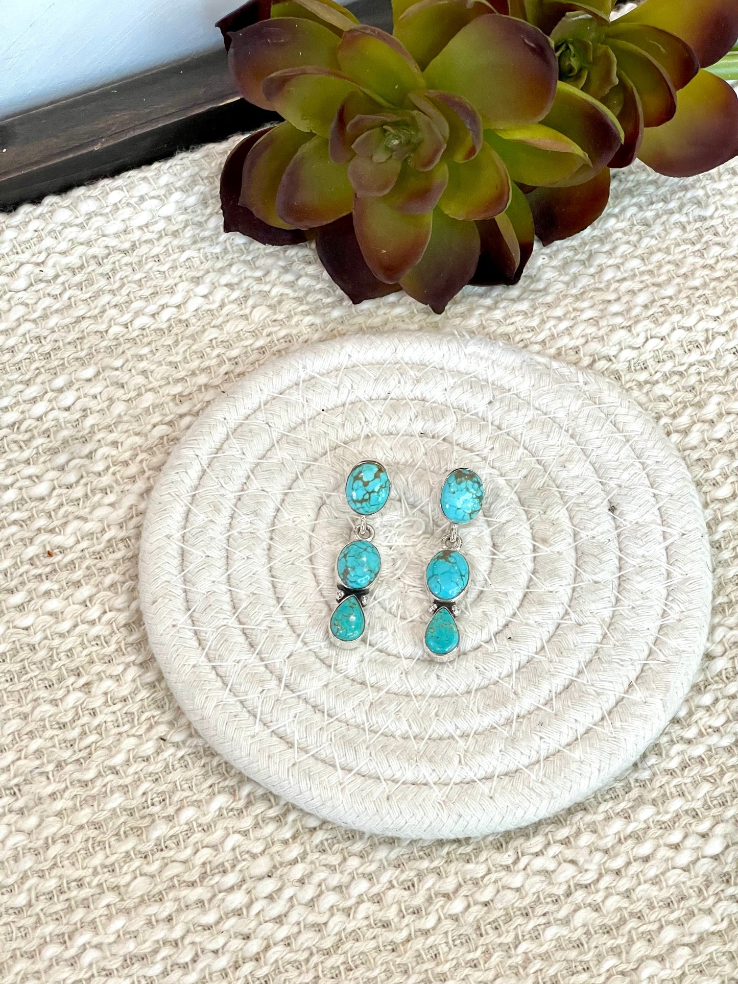 Handmade Sterling Silver Number 8 Turquoise Post Dangle Earrings with Signed Nizhoni