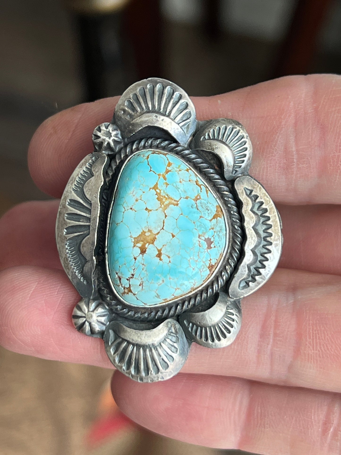 Handcrafted Sterling Silver and Number 8 Turquoise Ring by Artist, Gilbert Tom, Size 10.5