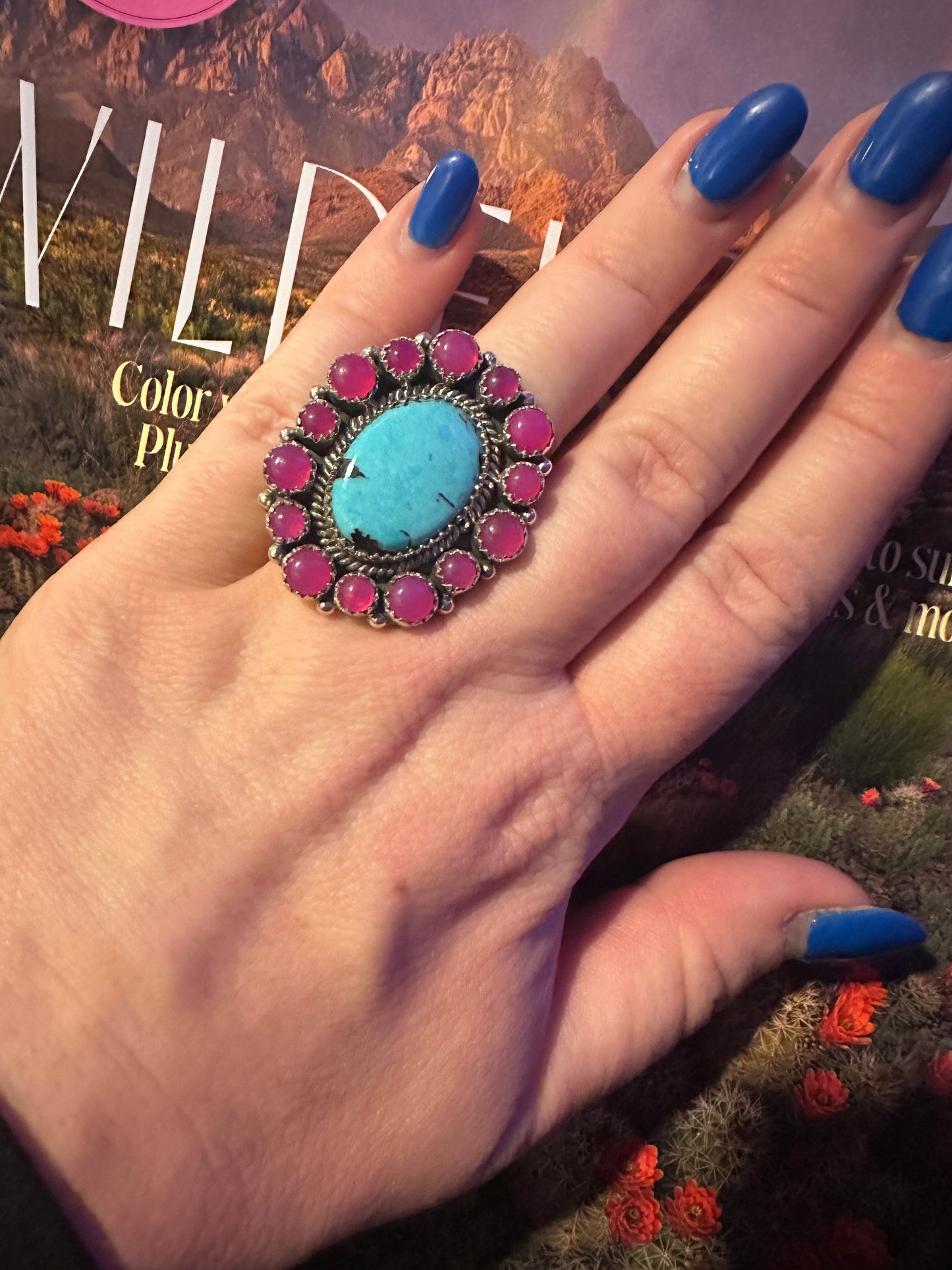 Handmade Sterling Silver Pink Opal, Turquoise Adjustable Ring Signed Nizhoni