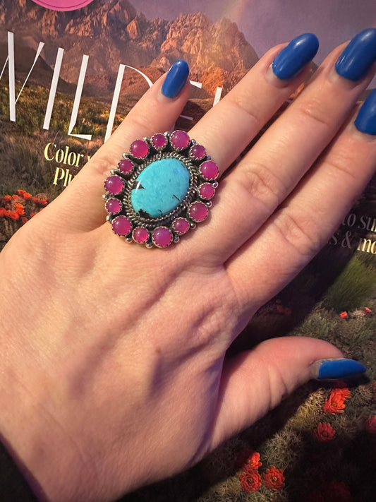 Handmade Sterling Silver Pink Opal, Turquoise Adjustable Ring Signed Nizhoni
