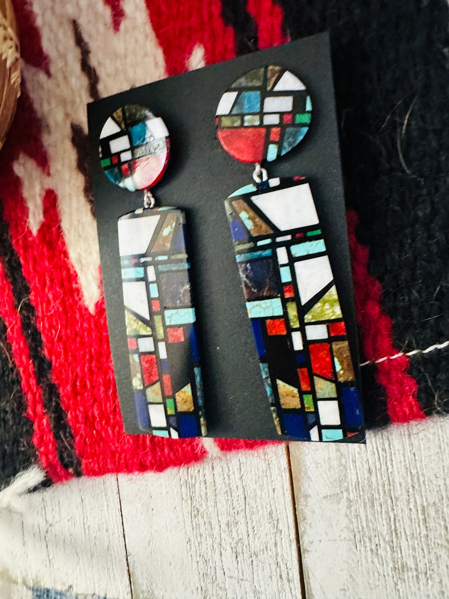 Handcrafted Multi Stone Inlay Dangle Earrings