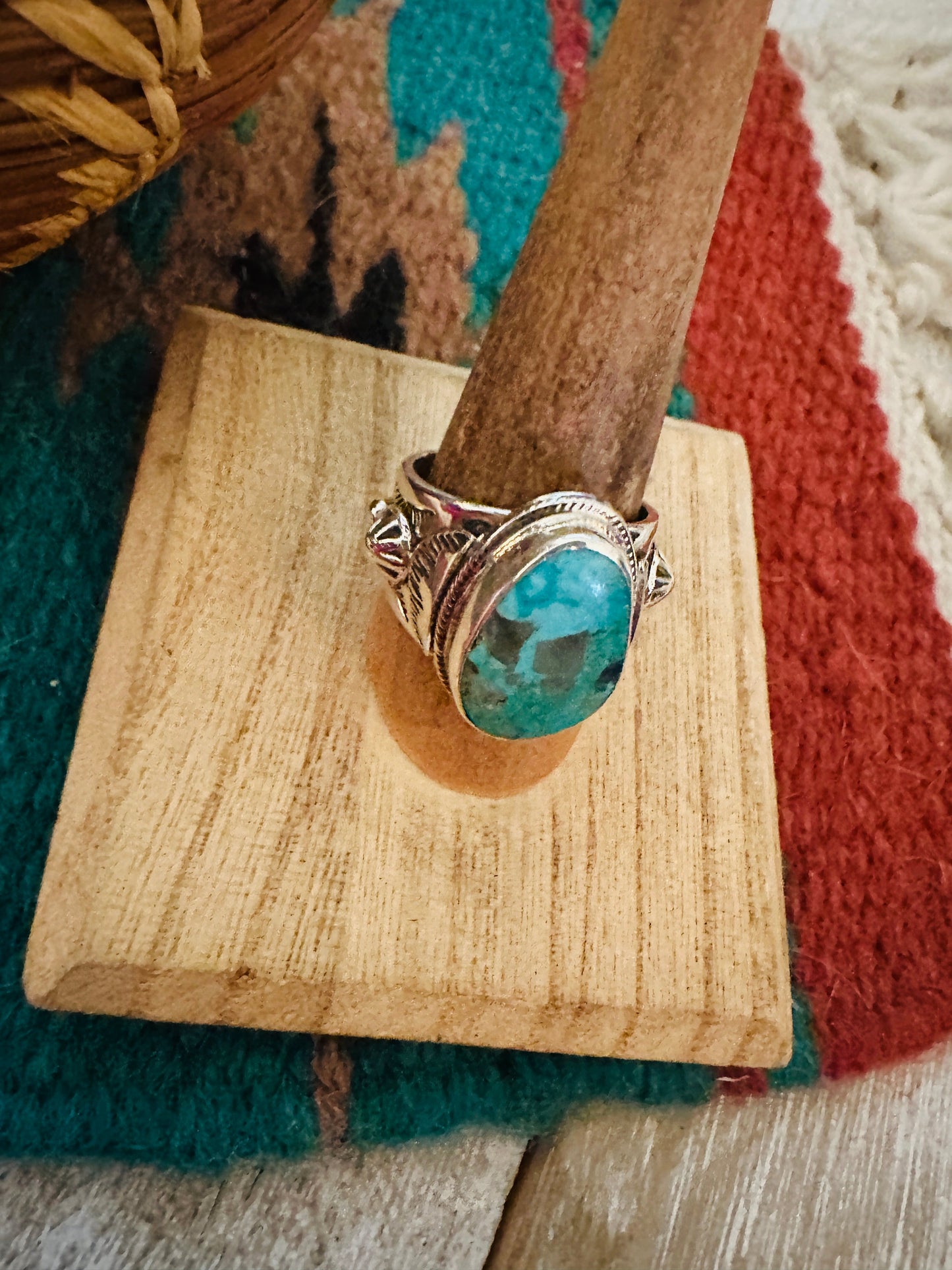 Handcrafted Sterling Silver & Turquoise Teardrop Cigar Band Ring Size 9