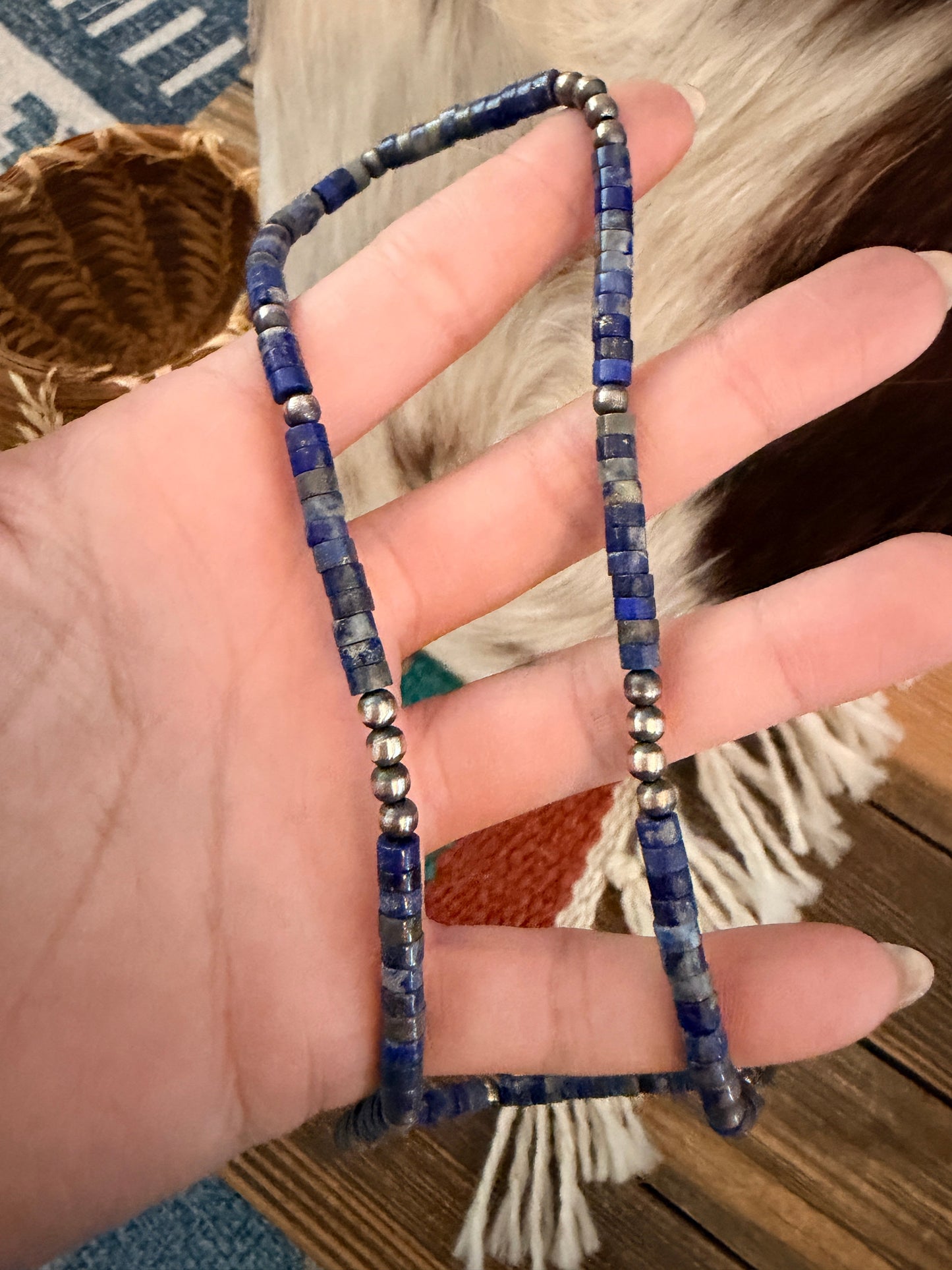 Handcrafted Lapis and Sterling Silver Pearl Beaded Necklace