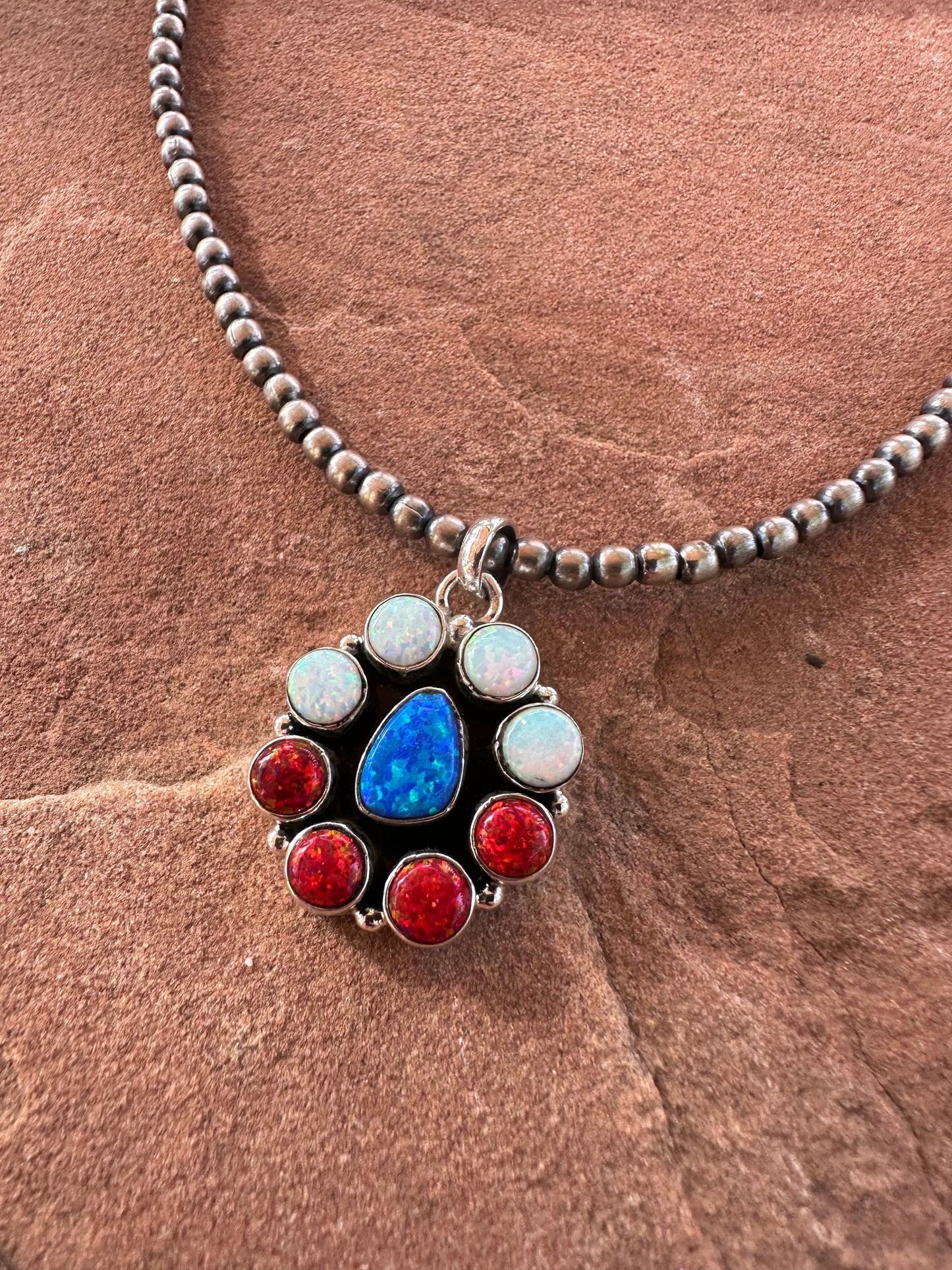 4th Of July Collection Handmade Sterling Silver & Red, White & Blue Fire Opal Cluster Necklace