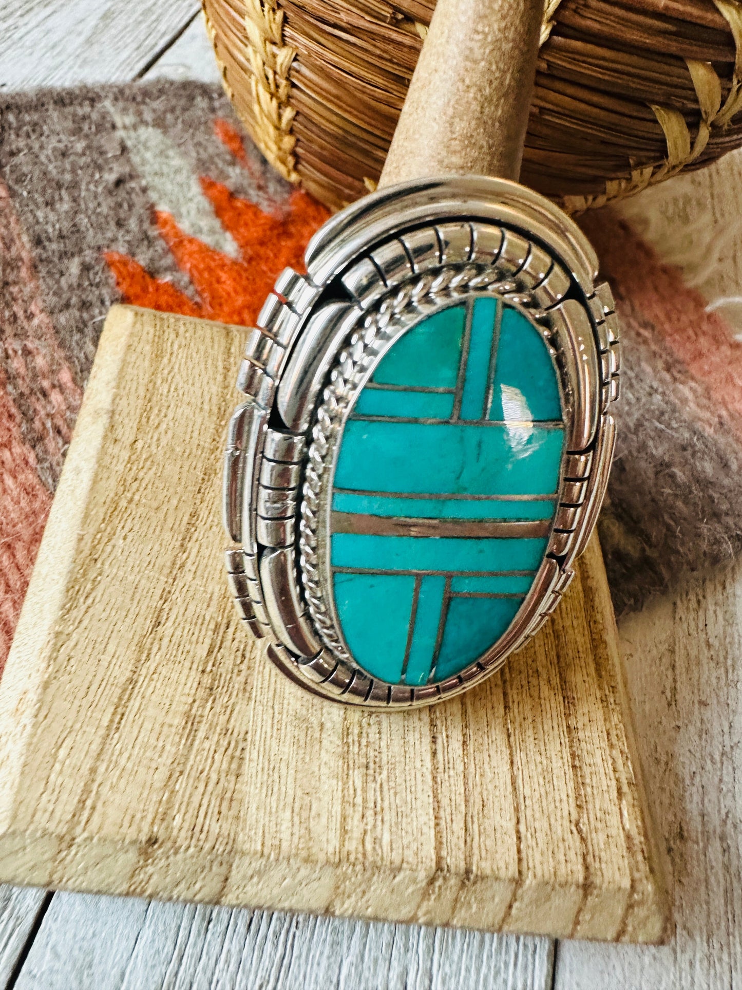 Handcrafted Sterling Silver & Turquoise Inlay Adjustable Ring