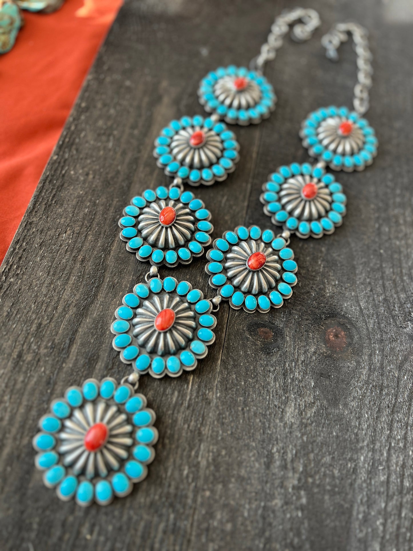 Handcrafted Amazing Spiny Oyster, Kingman Turquoise & Sterling Silver Lariat Necklace by Gilbert Platero
