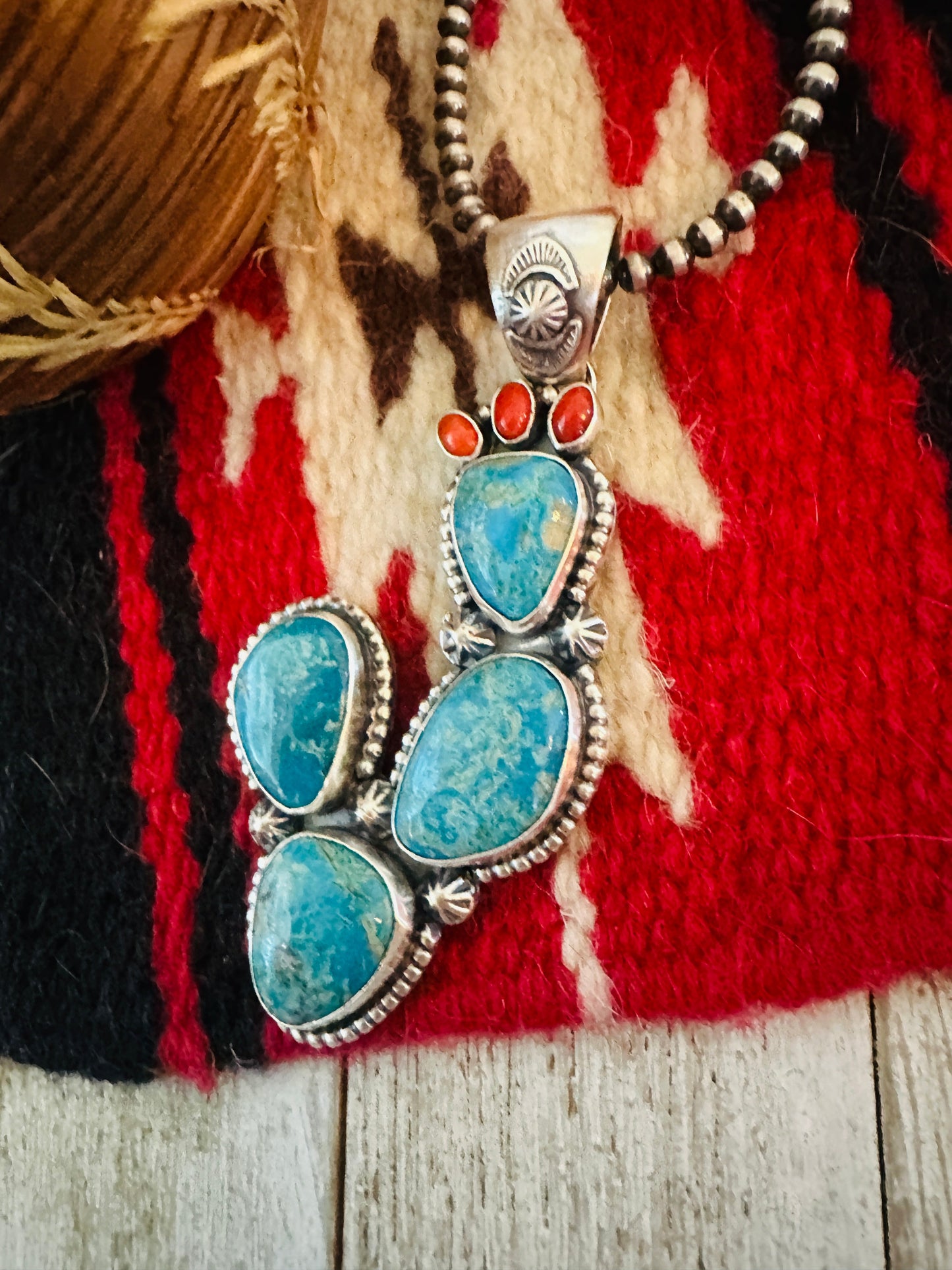 Handcrafted Sterling Silver, Turquoise & Coral Cactus Pendant