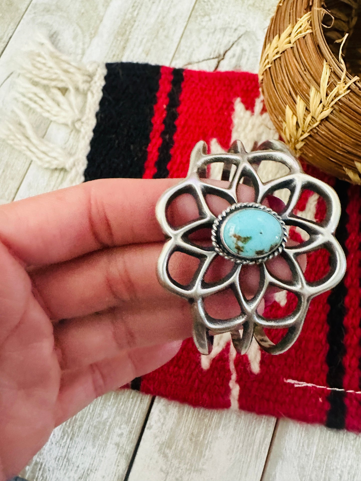 Handcrafted Golden Hills Turquoise & Sterling Silver Flower Cuff Bracelet