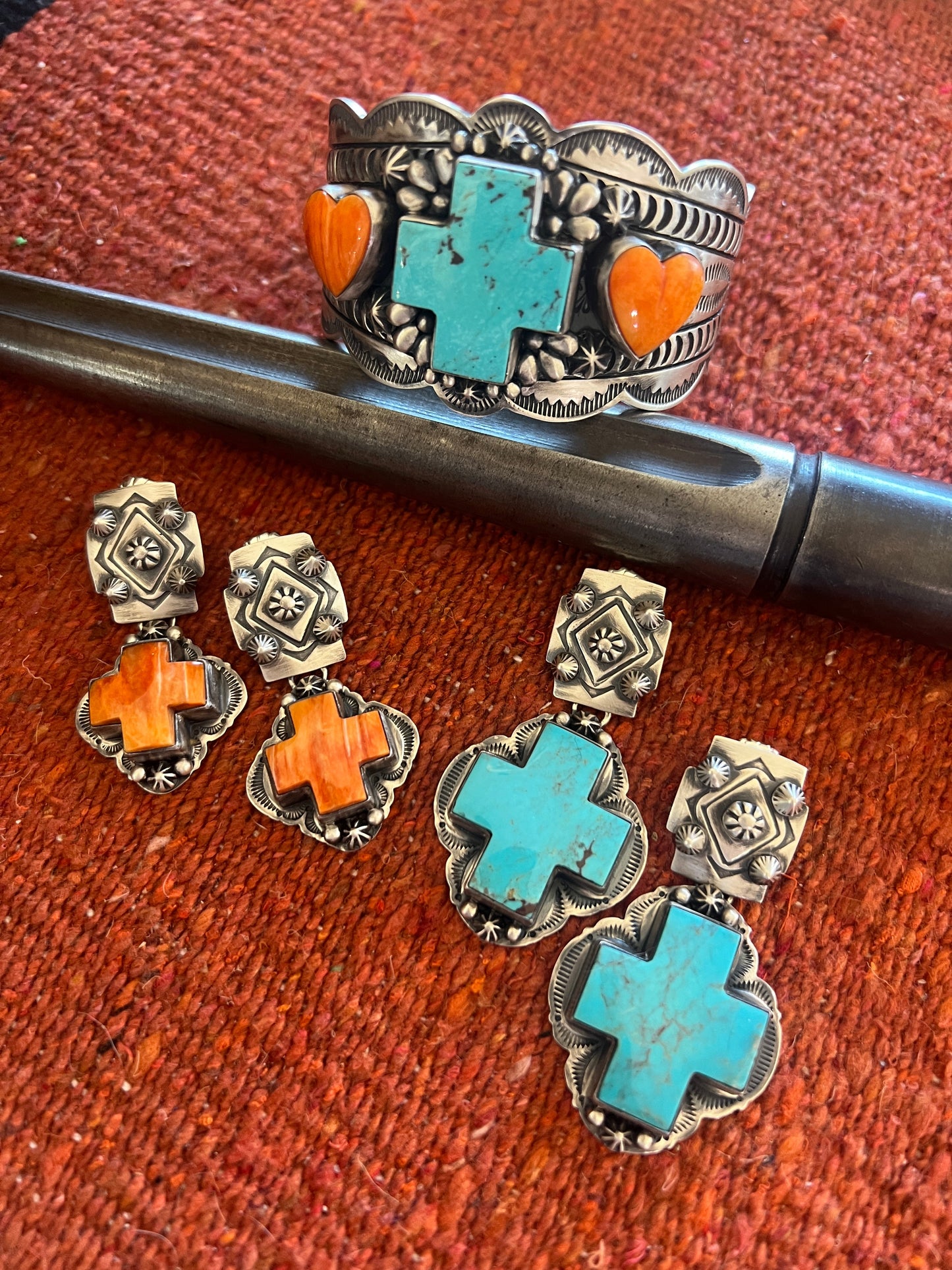 Handcrafted Sterling Silver, Kingman Turquoise and Spiny Oyster Santa Fe Cross Cuff Bracelet by Murphy Platero