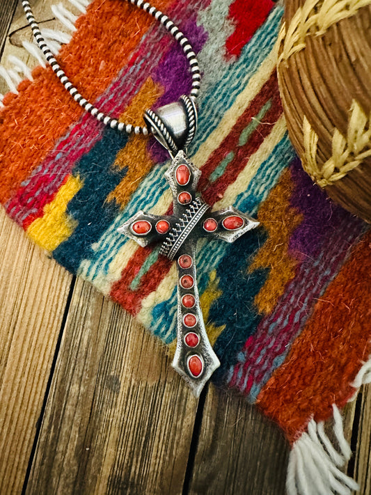 Handcrafted Sterling Silver & Coral Cross Pendant by Shawn Cayatineto