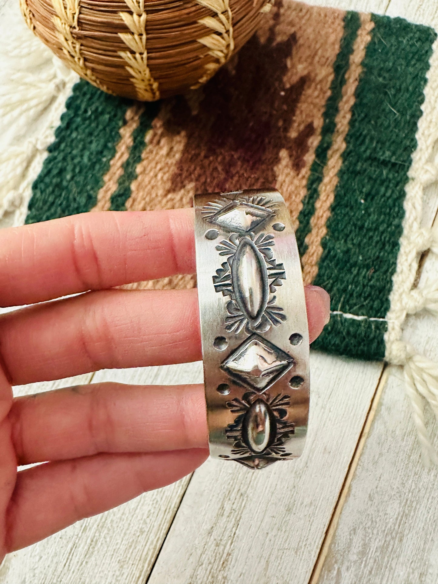 Handcrafted Stamped Sterling Silver Cuff Bracelet By Elvira Bill
