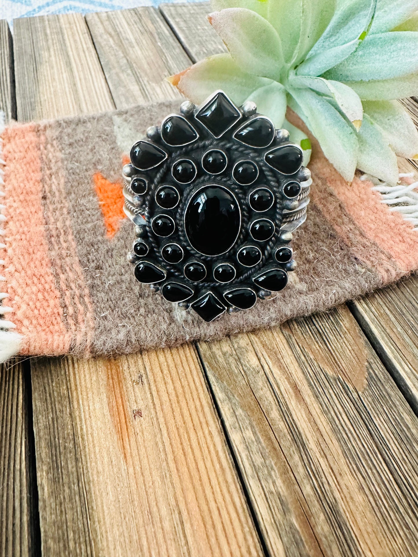 Black Onyx & Sterling Silver Cluster Cuff Bracelet /