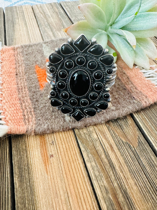 Black Onyx & Sterling Silver Cluster Cuff Bracelet /